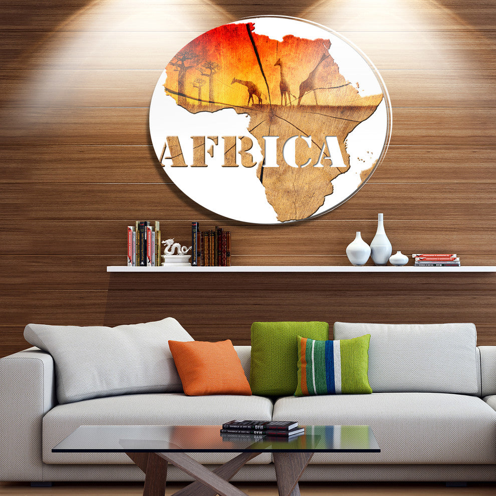 Africa Map Wooden Illustration, Round Metal Wall Art, 23"