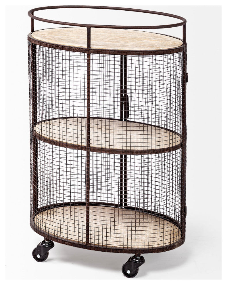 Saluti II Black Metal Oval Caged Frame w/ 3 Wood Shelves Bar Cart