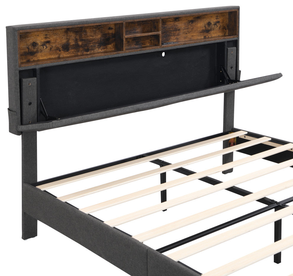 TATEUS Upholstered Platform Bed With Storage Headboard and USB Port, Gray, Queen