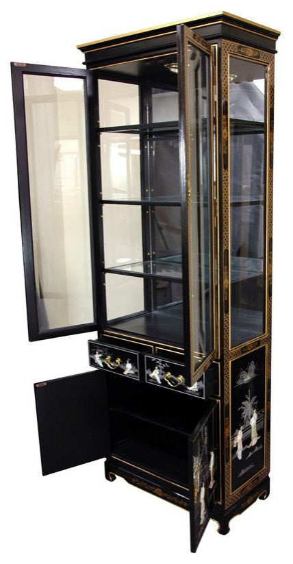 Tall Lacquer Curio Cabinet, Black Mother of Pearl Ladies