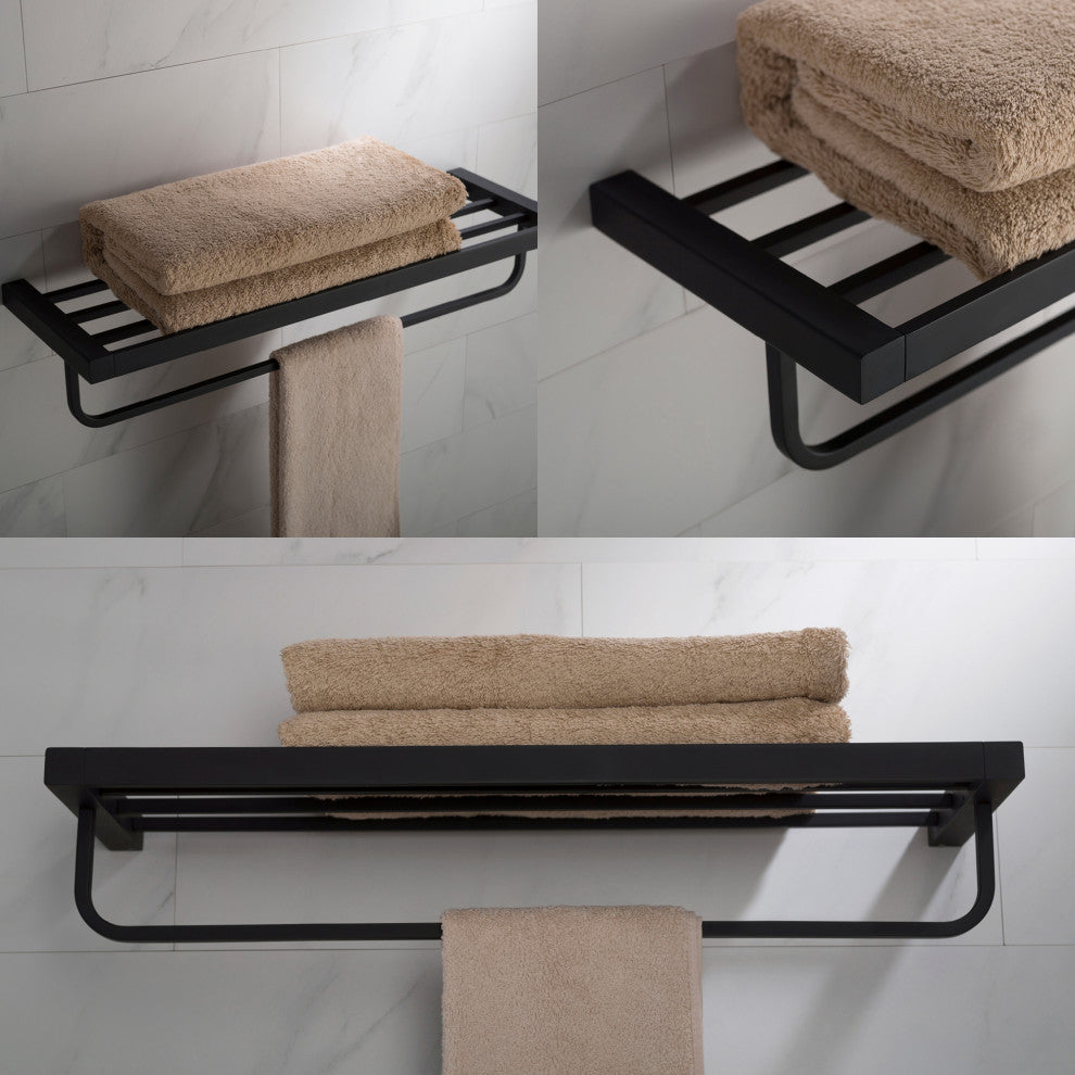 Stelios Bathroom Shelf with Towel Bar, Matte Black