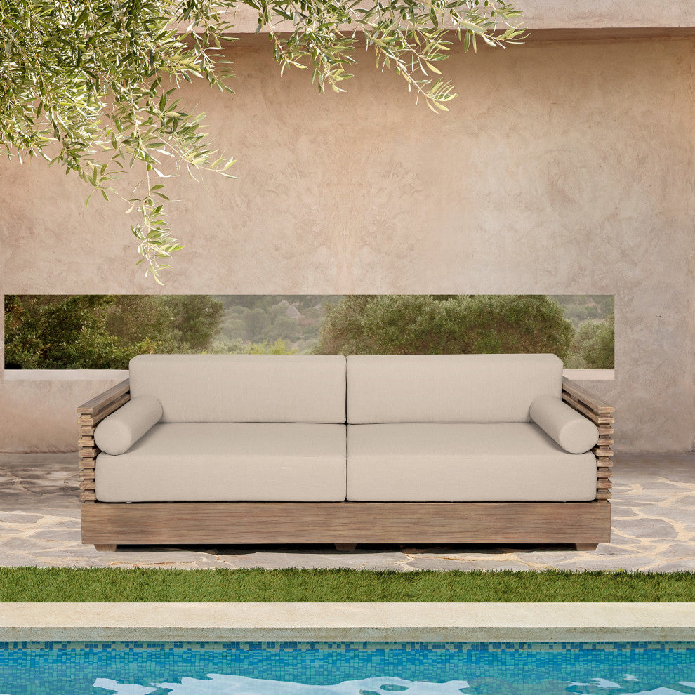 Vivid Outdoor Patio Sofa, Light Eucalyptus Wood With Taupe Olefin Cushions