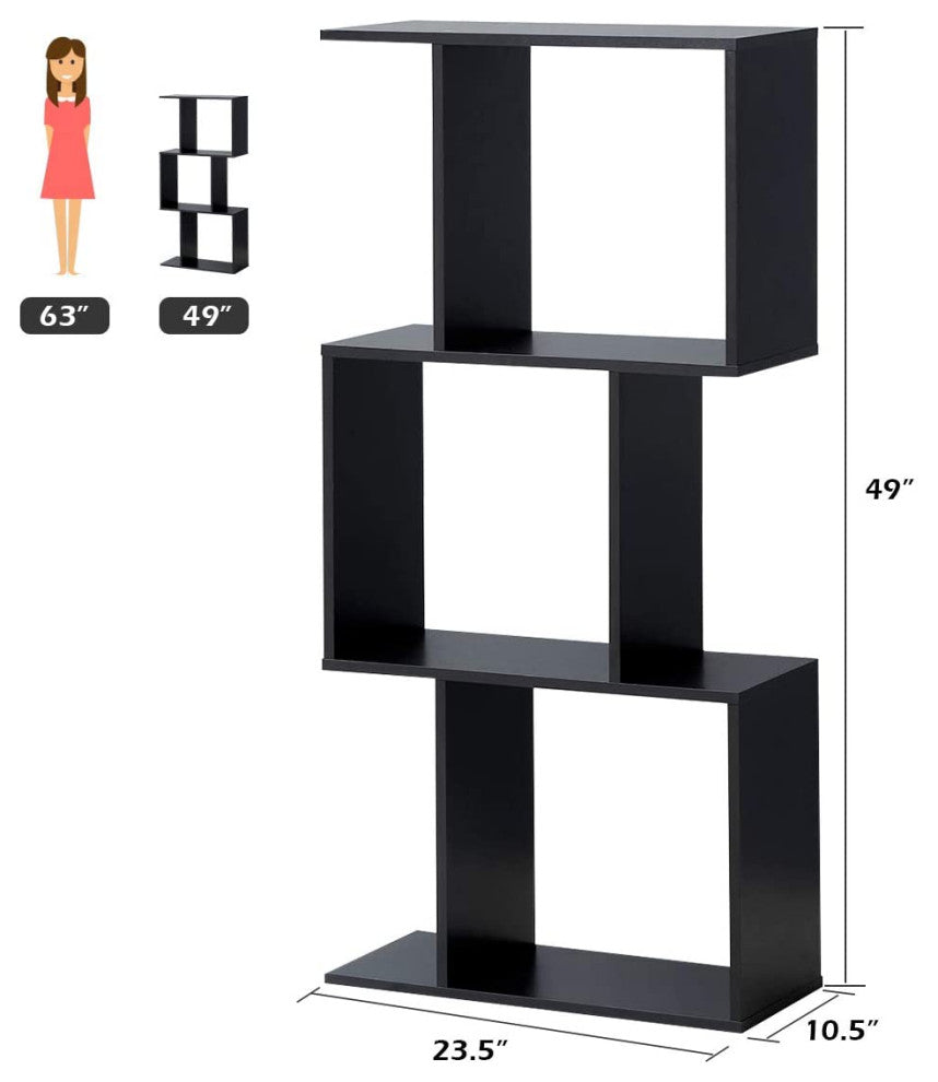 3-Tier Bookshelf S Shaped Bookcase, Free Standing Industrial Storage Rack