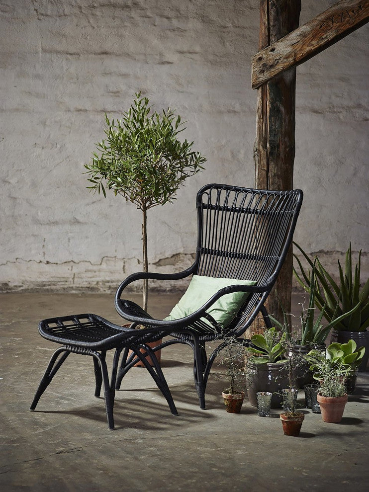 Monet Highback Rattan Lounge Chair and Footstool, Black