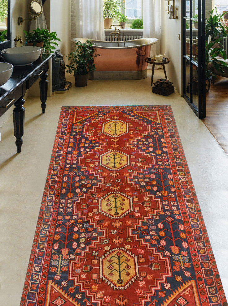 Fine Vintage Distressed Birche Burgundy/Navy Runner, 4'10x10'6