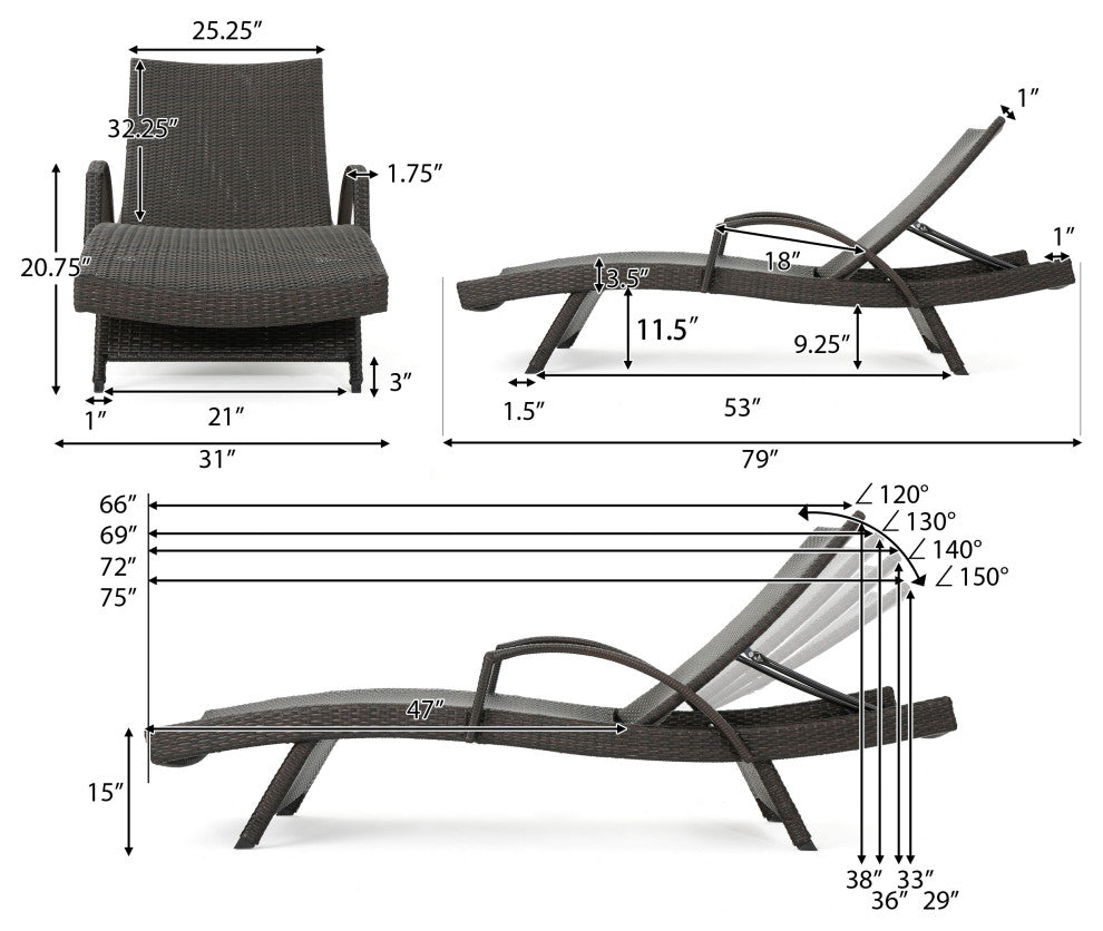 GDF Studio Olivia Outdoor 3-Piece Wicker Adjustable Armed Chaise Lounge Set