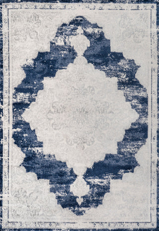 Alhambra Ornate Medallion Modern Runner Rug, Ivory/Navy, 5x8