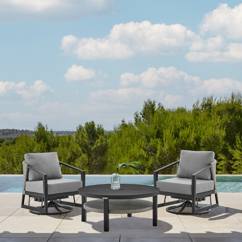 Aileen 3-Piece Patio Seating Set, Aluminum With Gray Wicker And Cushions