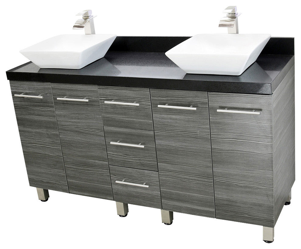 Windbay 60" Free Standing Double Vanity, Dark Grey, Black Stone Thick Countertop