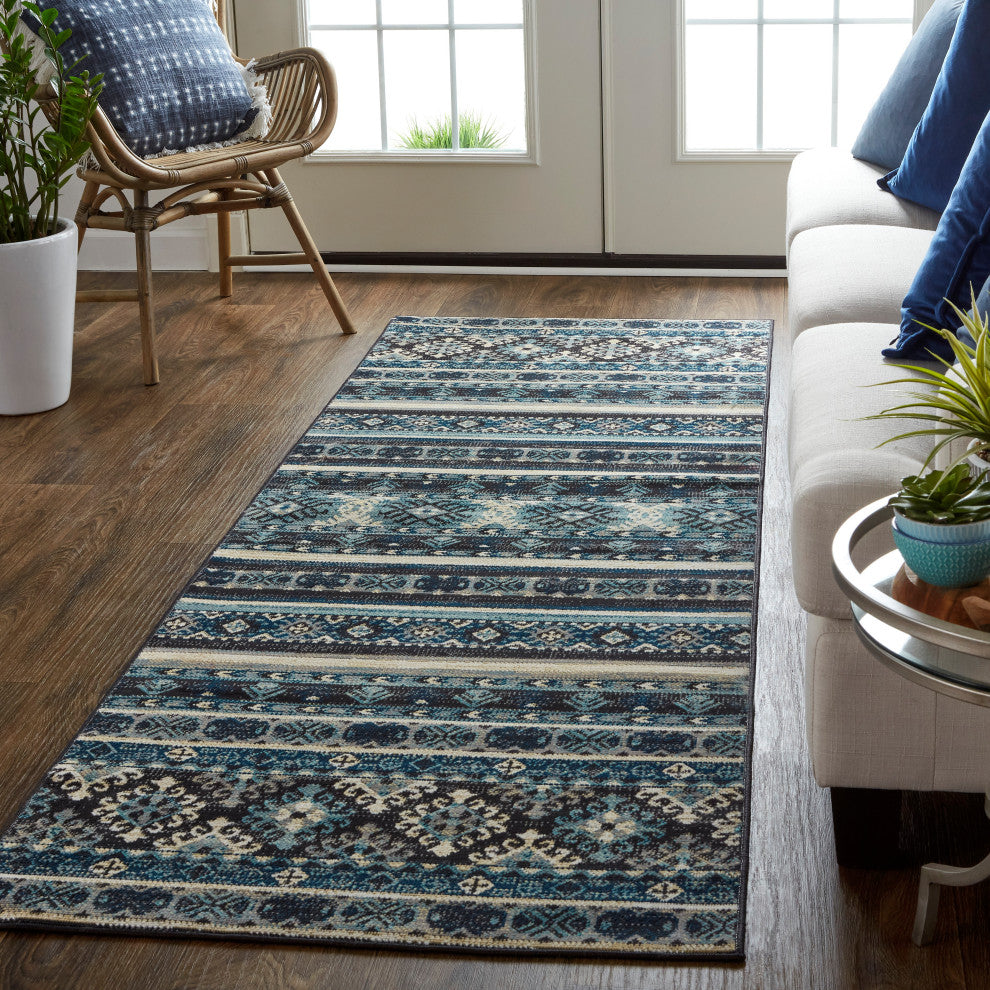 Weave & Wander Kezia Rug, River Blue/Dark Gray, 2ft-10in x 7ft-10in