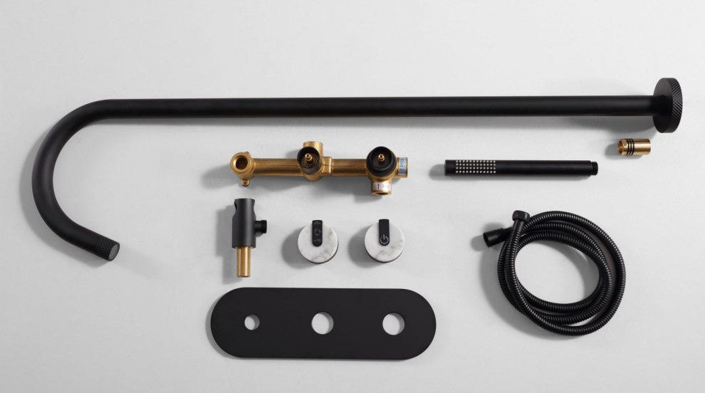 Freestanding Tub Filler with Wall Mounted Handles, Diverter and Handshower