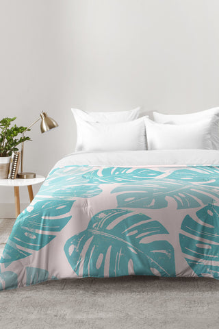 Bianca Green Linocut Monstera Pastel Comforter, King