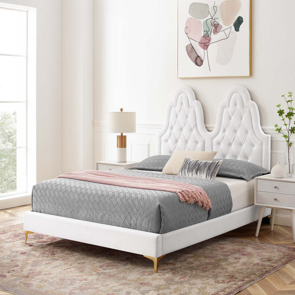 Tufted Platform Bed Frame, Full Size, Velvet, White, Modern Contemporary