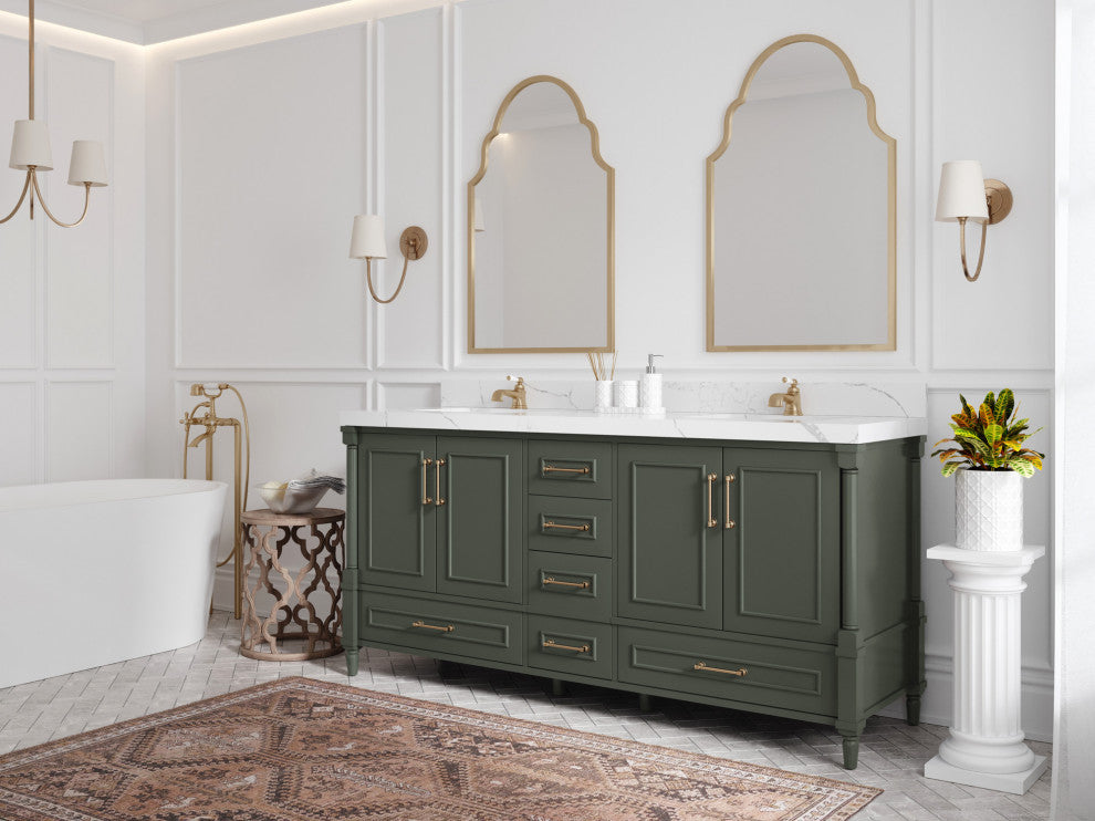 Aberdeen 72 Double Sink Bath Vanity in Pewter Green 2" White Quartz