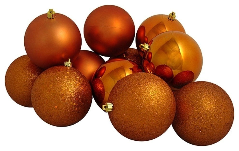 Shatterproof Burnt Orange 4-Finish Christmas Ball Ornaments, 4", 12-Piece Set