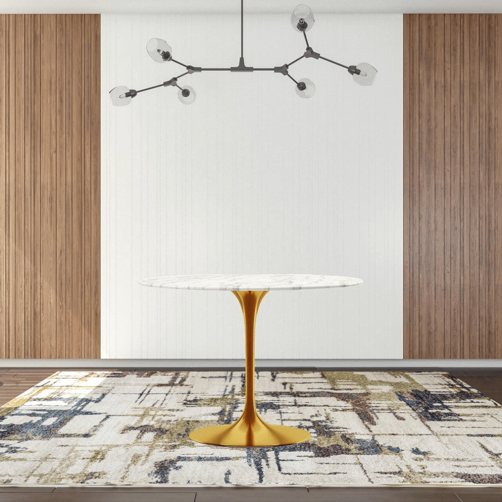 40" White And Gold Marble And Metal Dining Table