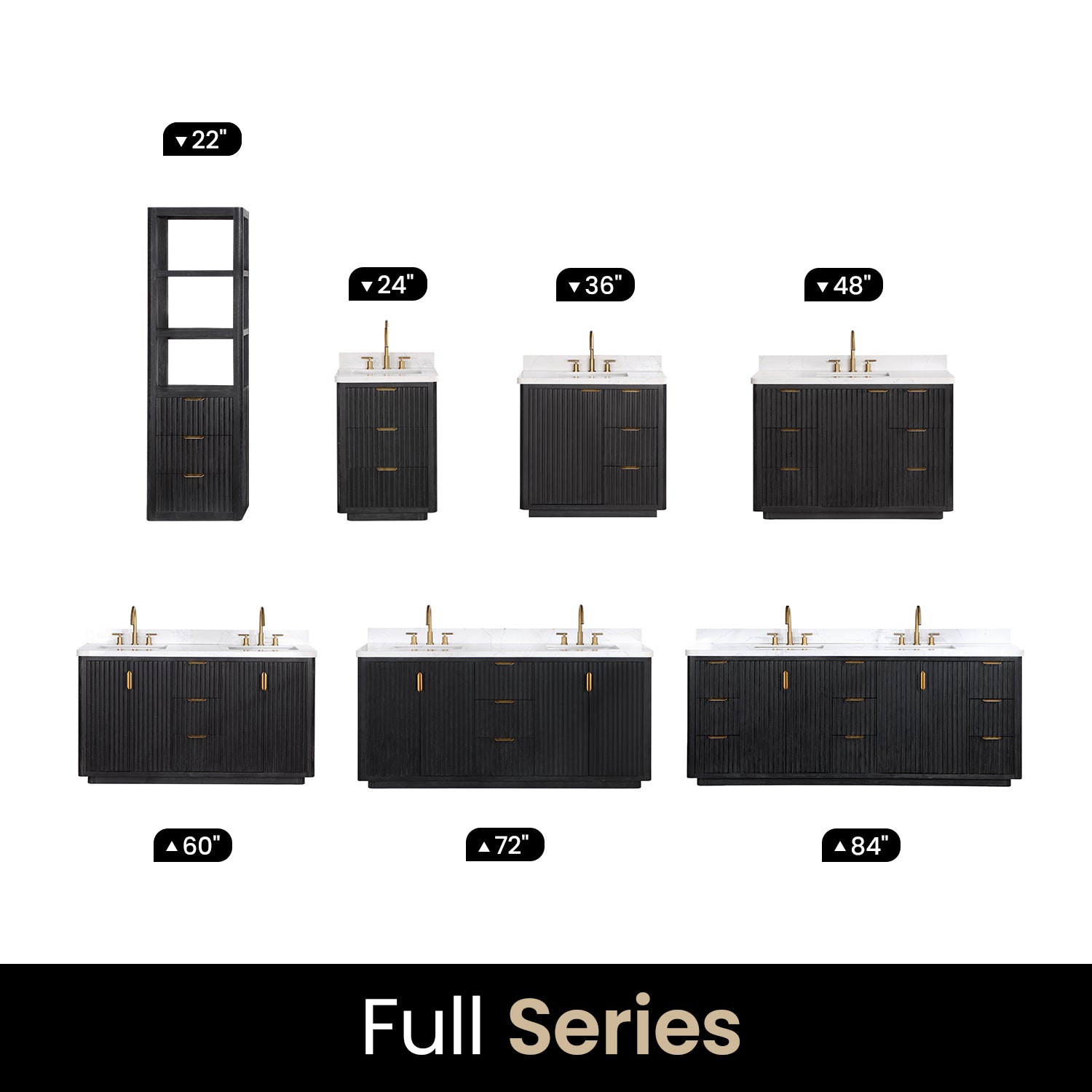 Vinnova Cadiz Bath Vanity, Composite Stone Top, Black, 24", No Mirror