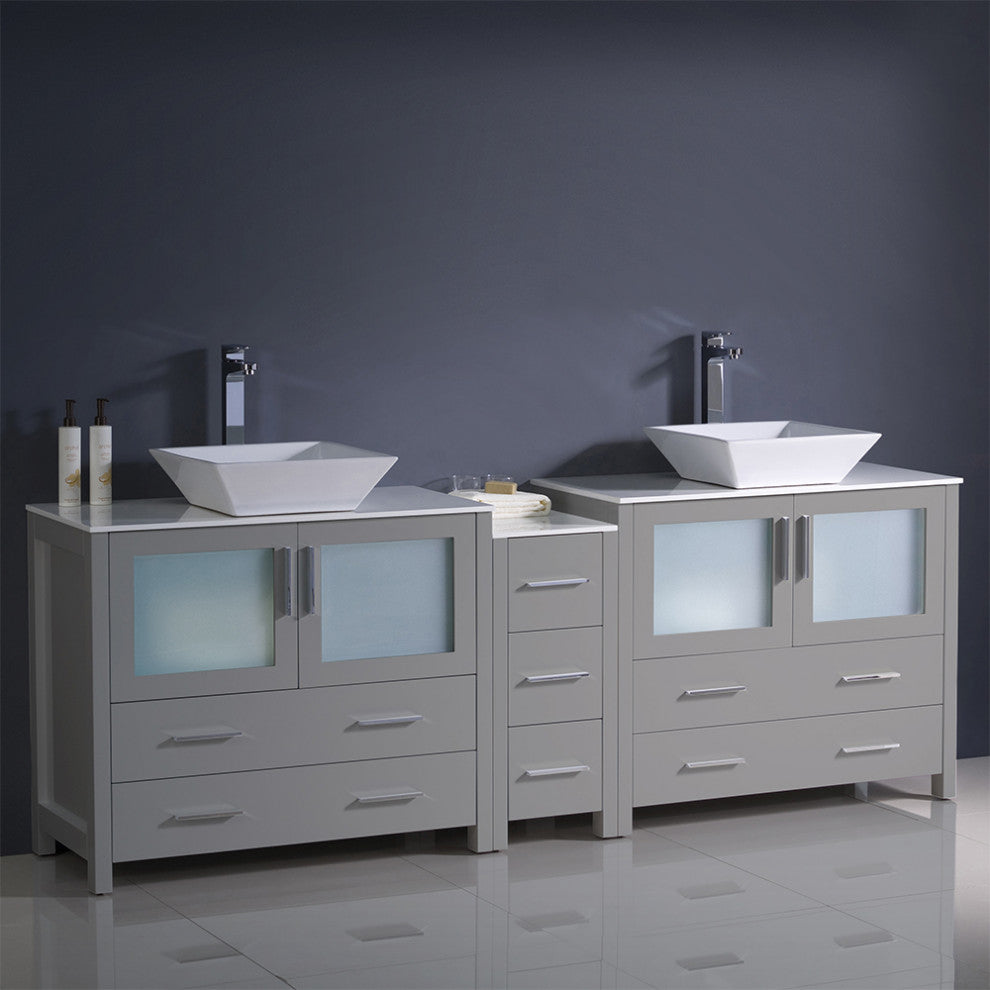 Torino Double Sink Bathroom Cabinets With Tops and Vessel Sinks, Gray 84"