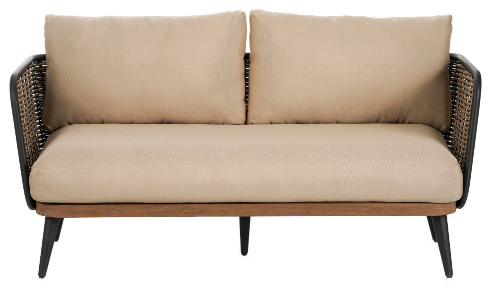 GDF Studio Outdoor Wicker Loveseat With Water-Resistant Cushions, Brown/Beige