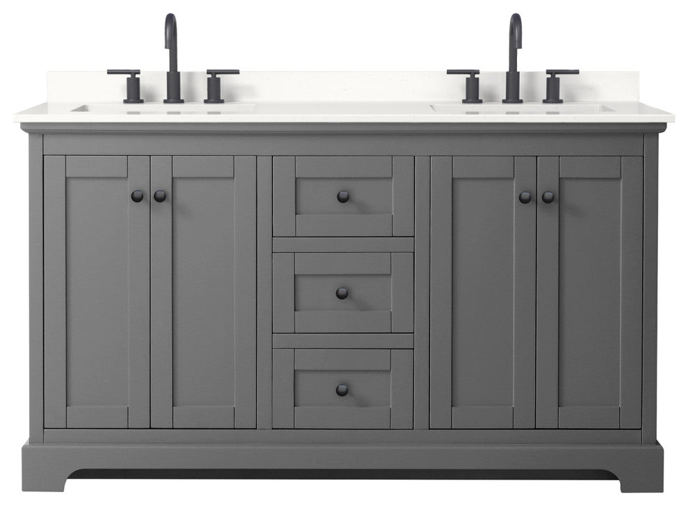 Avery 60" Dark Gray Double Vanity, White Quartz Top (3-Hole), Black Trim