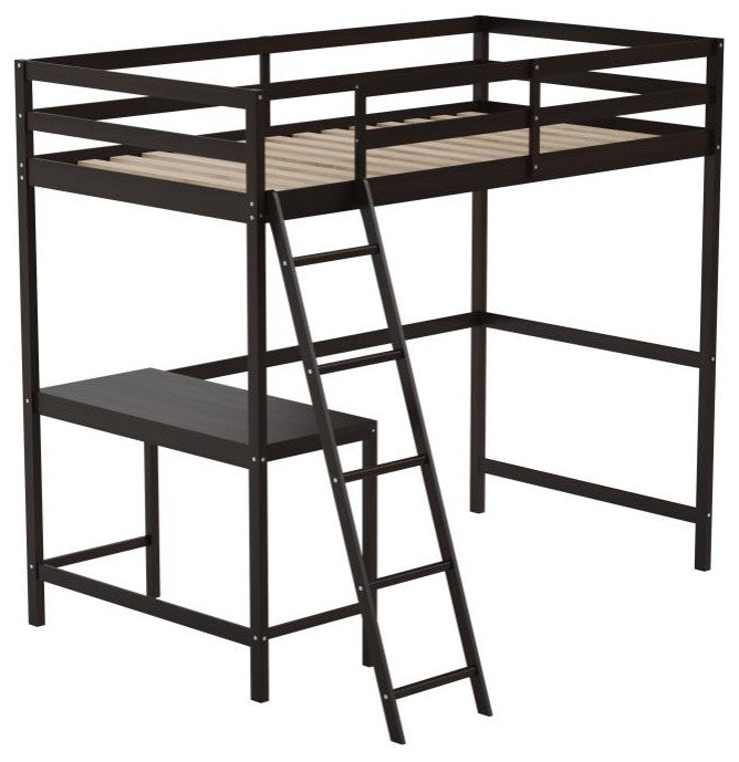 Riley Loft Bed Frame with Desk, Frame, Guard Rails & Ladder for Kids and Teens, Espresso, Twin