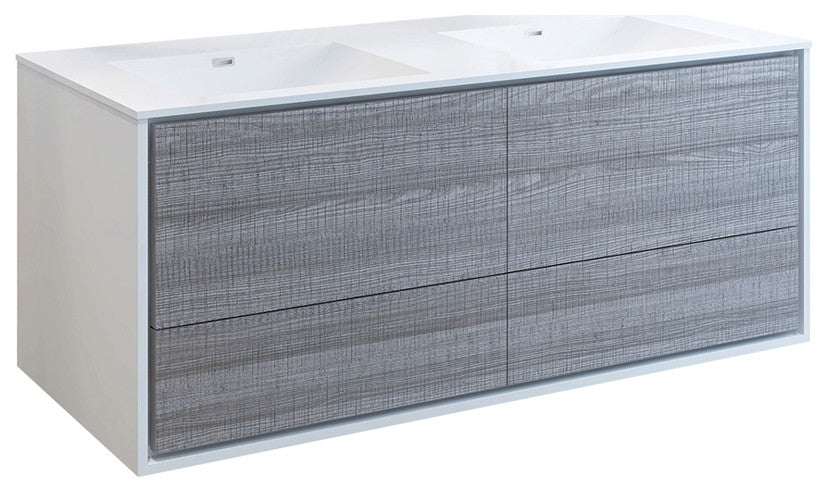 Fresca Catania 60" Gloss Ash Gray Wall Hung Cabinet With Integrated Double Sink