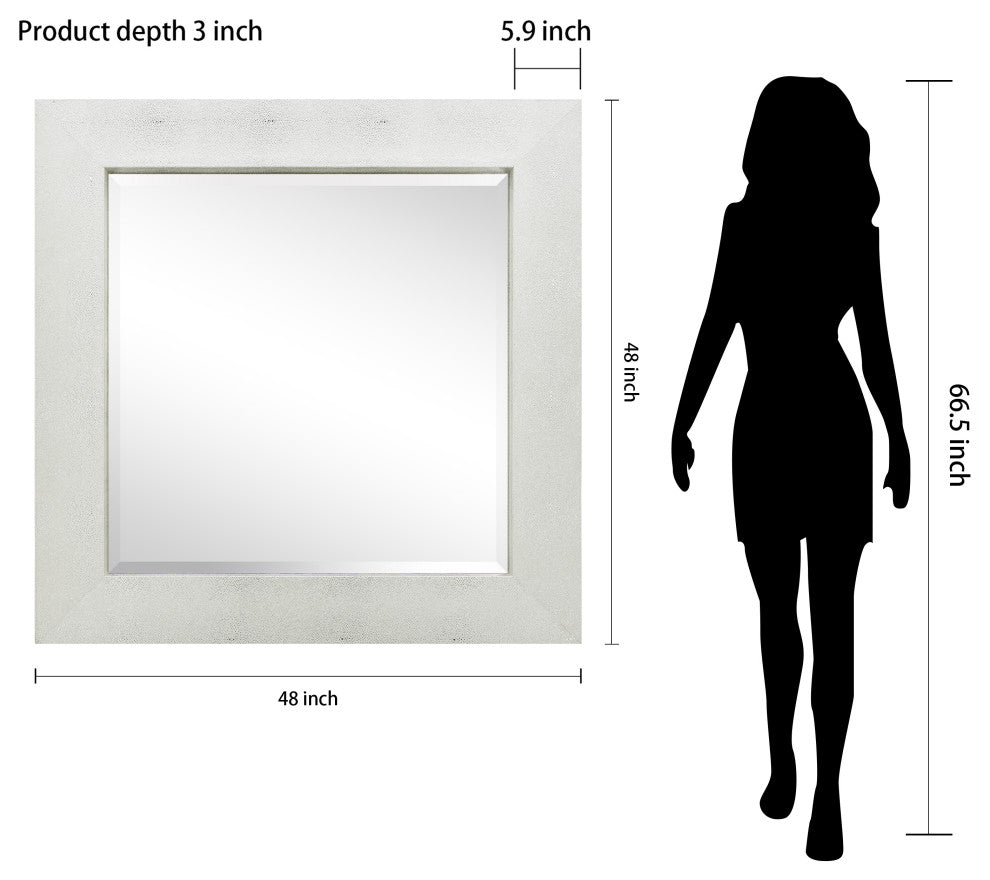 Beveled Wall Mirror,Silver on White Metallic Shagreen Leather Framed Mirror