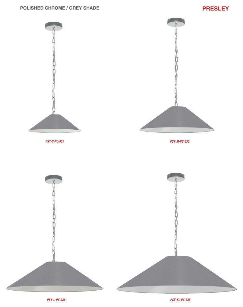Presley Incandescent Pendant, Polished Chrome with Grey Shade