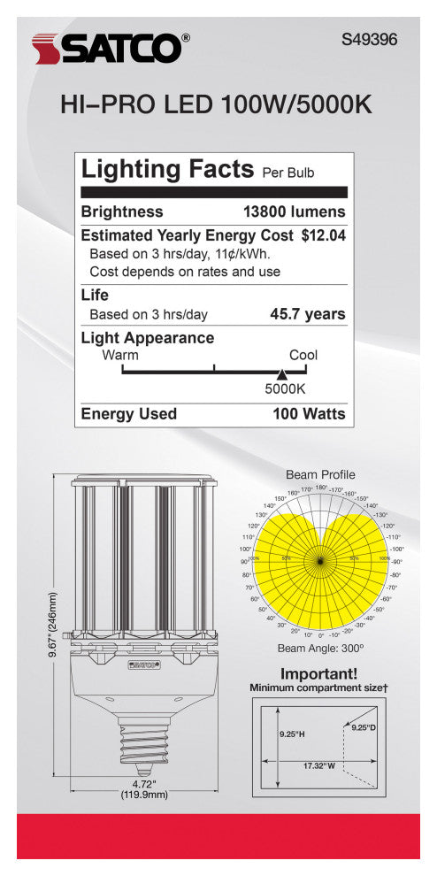 100W LED HID Replacement, 5000K, Extended Mogul Base, Type B Ballast Bypass