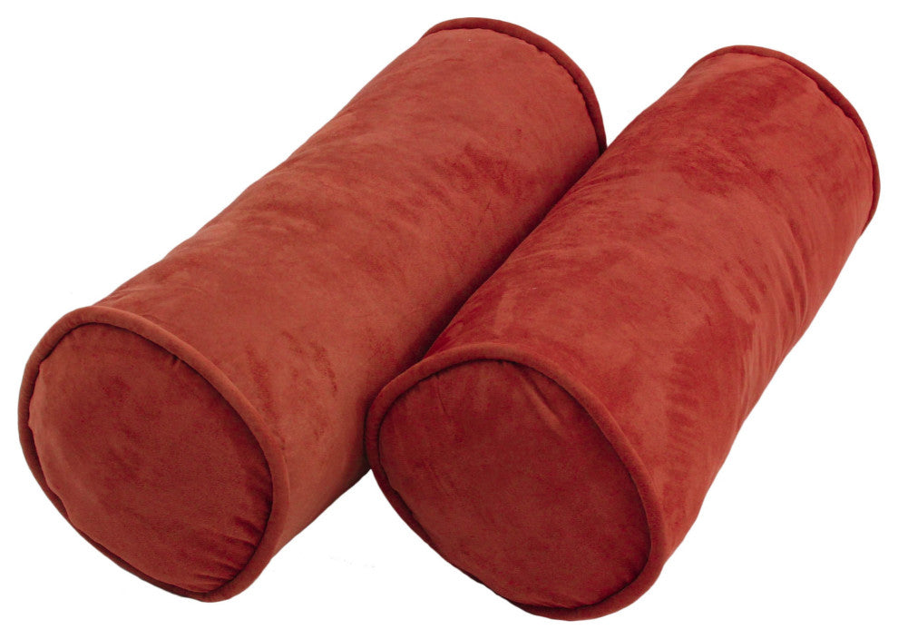20"X8" Double-Corded Solid Microsuede Bolster Pillows, Set of 2, Cardinal Red