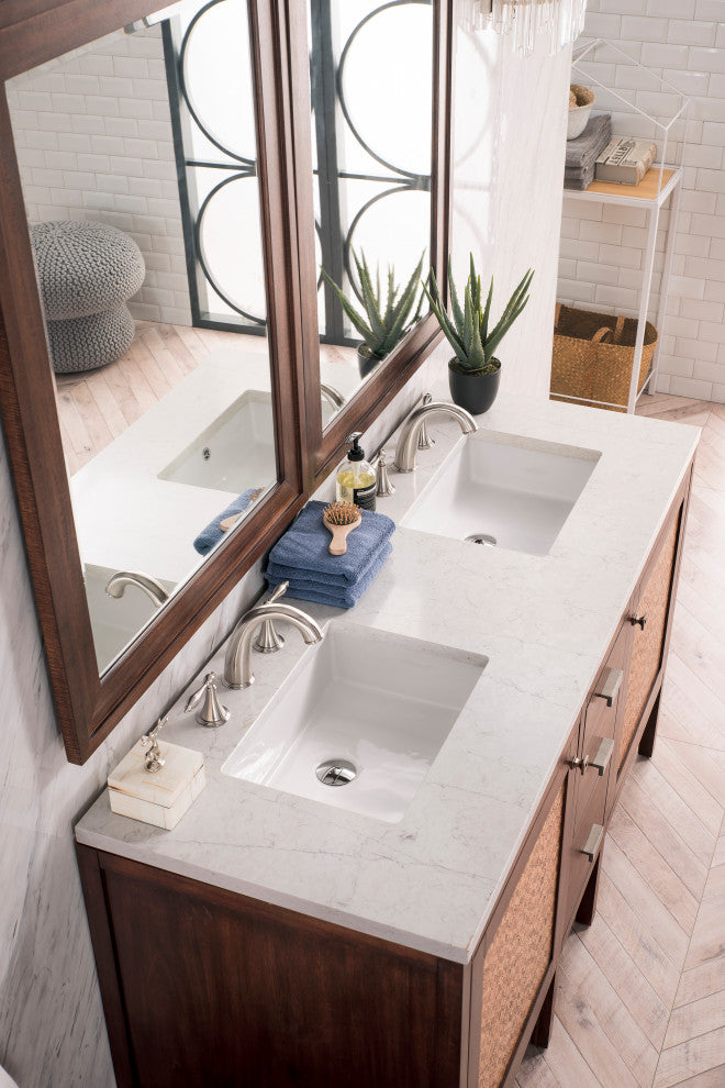 Addison 60" Double Vanity Cabinet, Mid Century Acacia, Eternal Jasmine Pearl, Three-Hole