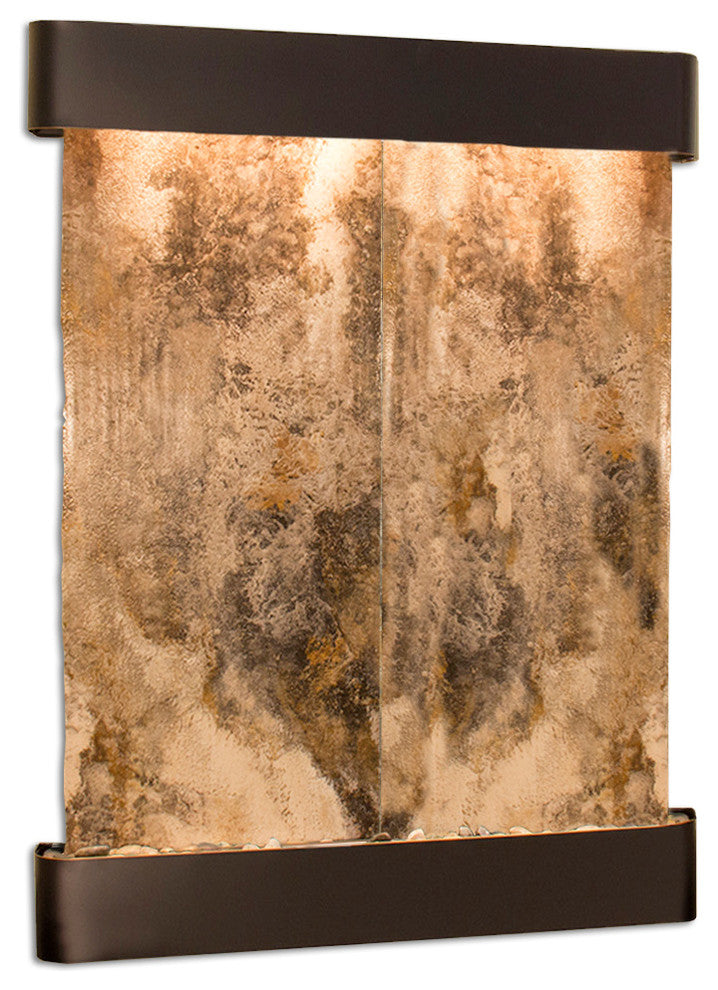 Majestic River Water Fountain, Magnifico Travertine, Blackened Copper, Round Edg