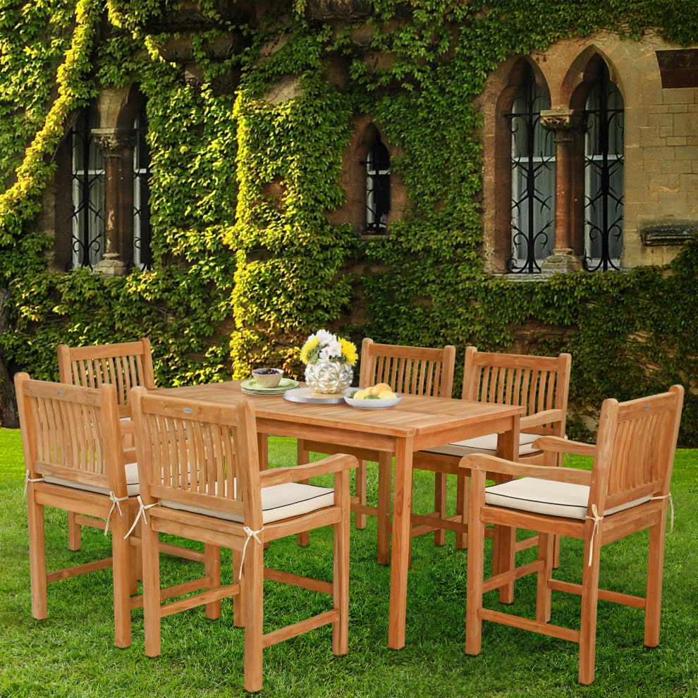 7 Piece Teak Elzas 63" Rect Bistro Counter Set, 6 Counter Stools, Arms