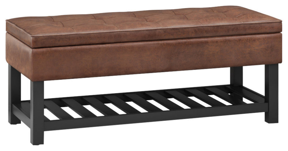 Cosmopolitan Storage Ottoman Bench With Open Bottom, Distressed Saddle Brown Faux Leather