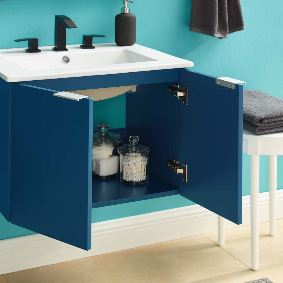 Sink Vanity Cabinet, Wall Mounted, Melamine, Blue Navy White, Modern, Bathroom
