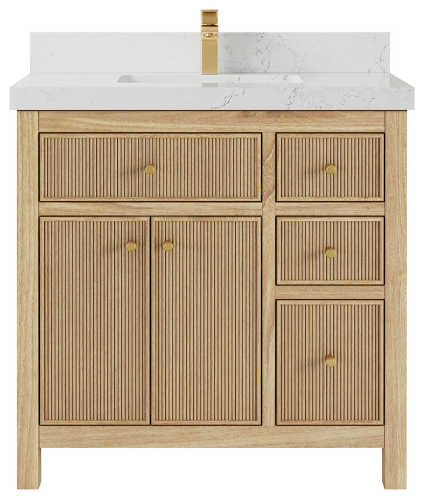 Sonoma 36 Center Sink Bath Vanity in Light Natural Teak with 2" Empira Quartz