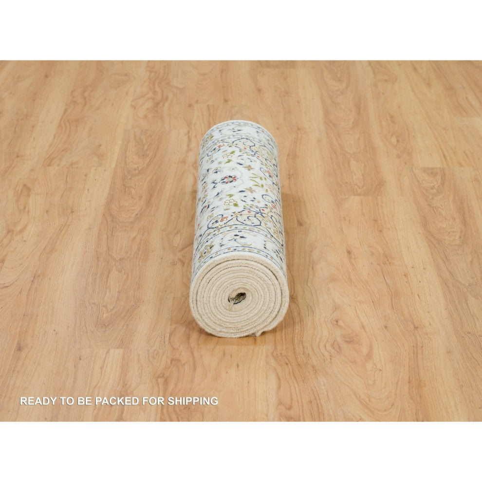 White, Natural Wool, Hand Knotted, Nain Design 250 KPSI Runner Rug, 2'8"x8'4"