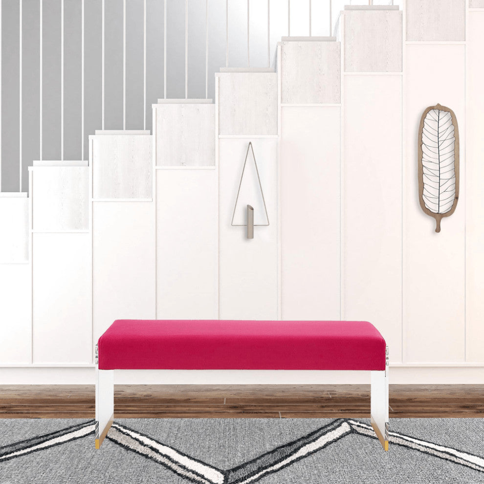 42" Fuchsia And Clear Upholstered Velvet Bench