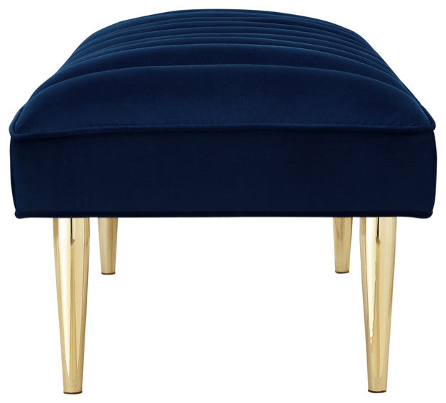 53" Navy Blue And Gold Upholstered Velvet Bench