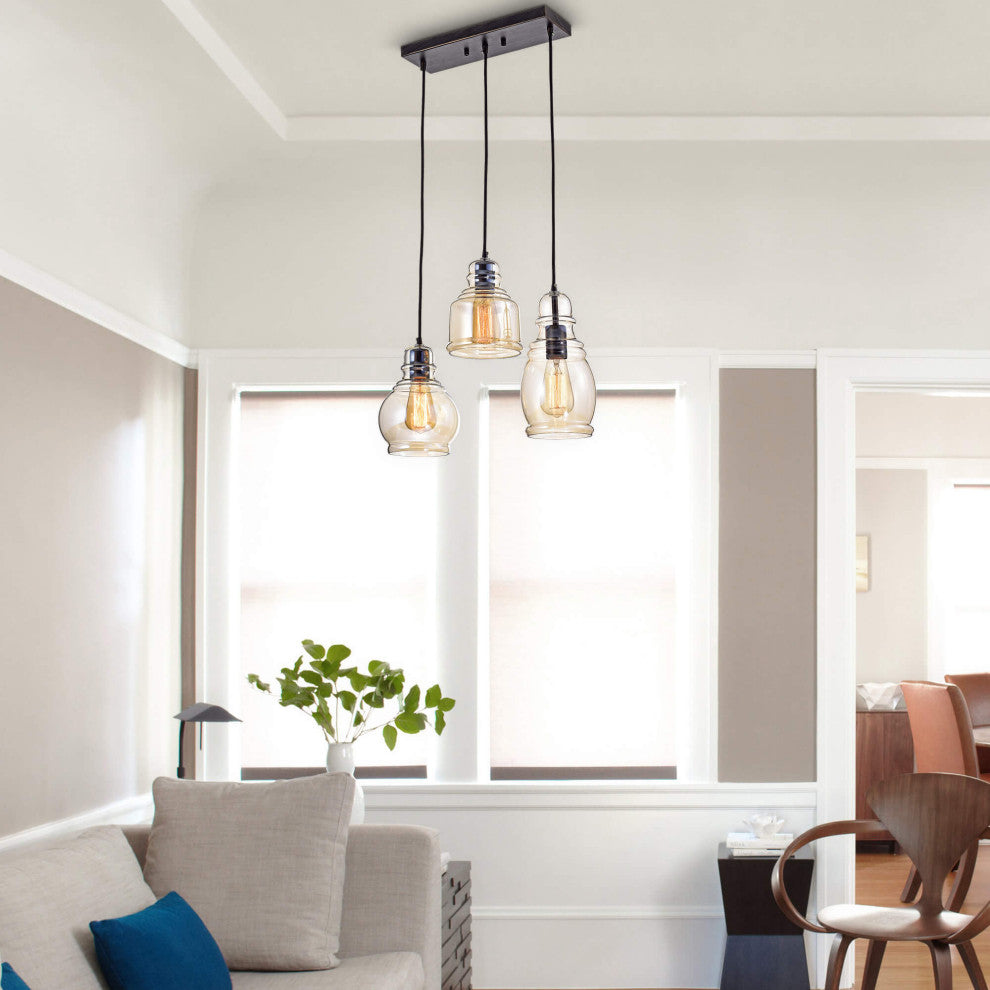 Lynn 3-Light Cognac Glass Cluster Pendant, Antique Black