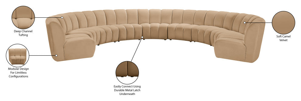 Infinity Channel Tufted Velvet Modular Chair, Camel, 9 Piece
