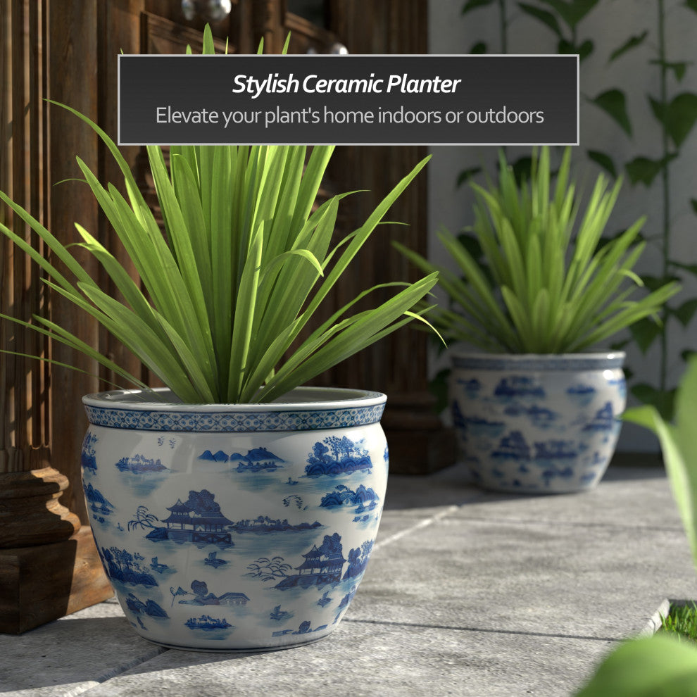 16" Landscape Blue and White Porcelain Fishbowl