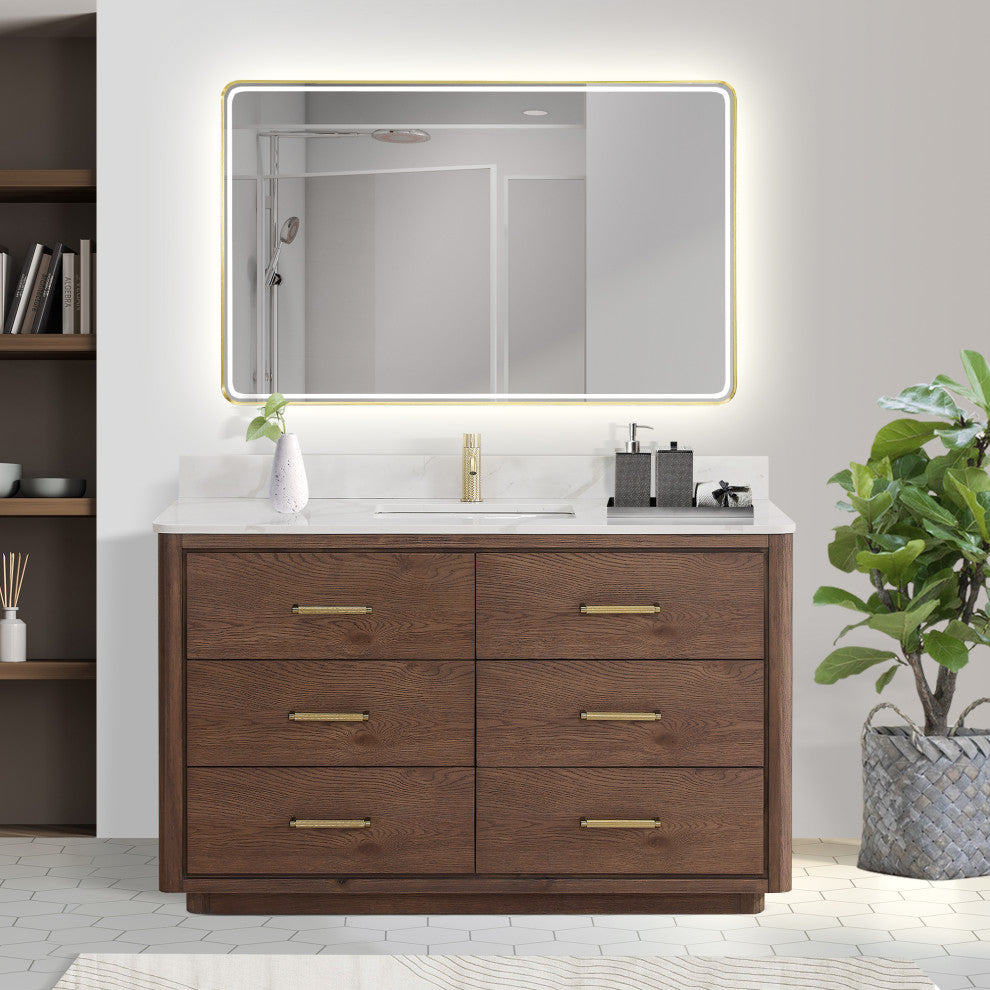 Porto Bath Vanity with White Quartz Stone Top, Dark Brown Oak, 55 in., No Mirror