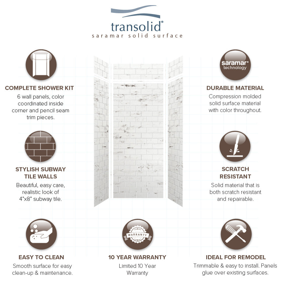 Transolid SaraMar 36"x36"x96" 6-Piece Shower Wall Kit, White Venito