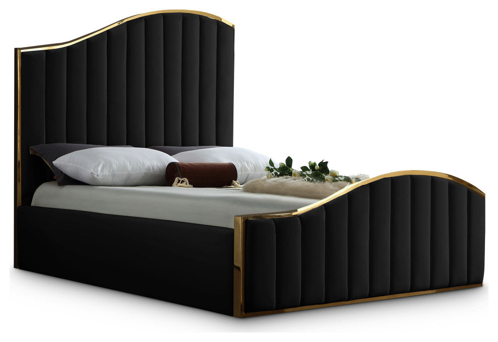Jolie Black Velvet King Bed, Black, Queen