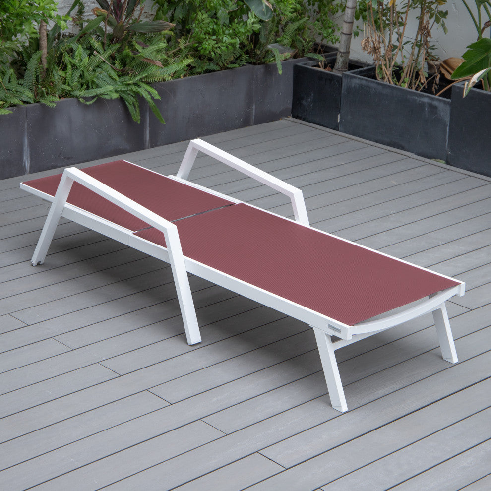 LeisureMod Marlin Patio Chaise Lounge Chair With Arms White Frame, Burgundy