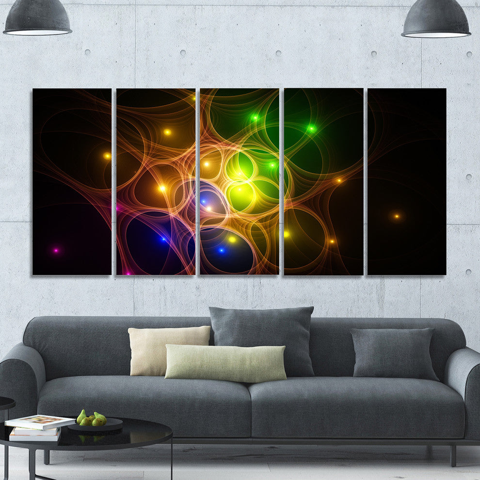 Yellow Fractal Space Circles, Abstract Canvas Art Print, 60"x28", 5 Panels
