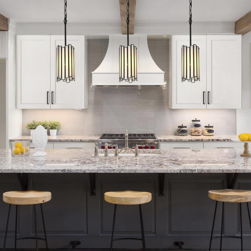 LNC 1-Light Modern Cylinder/Drum Glass Kitchen Pendant Lighting, White & Black