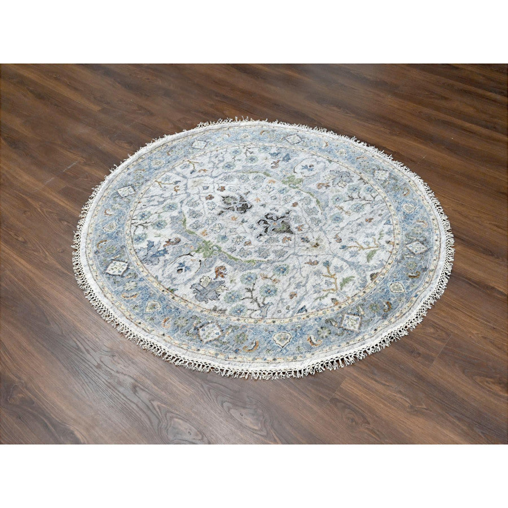 Light Gray Oushak Denser Weave Wool Round Hand Knotted Oriental Rug  5'x5'