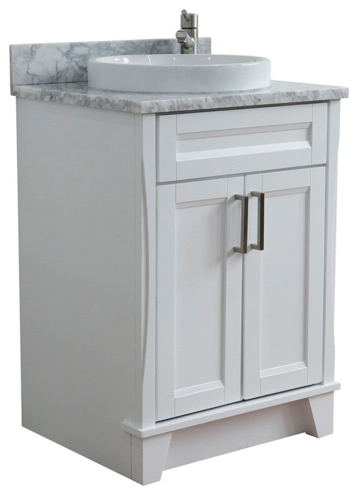 25" Single Sink Vanity, White Finish With White Carrara Marble And Round Sink